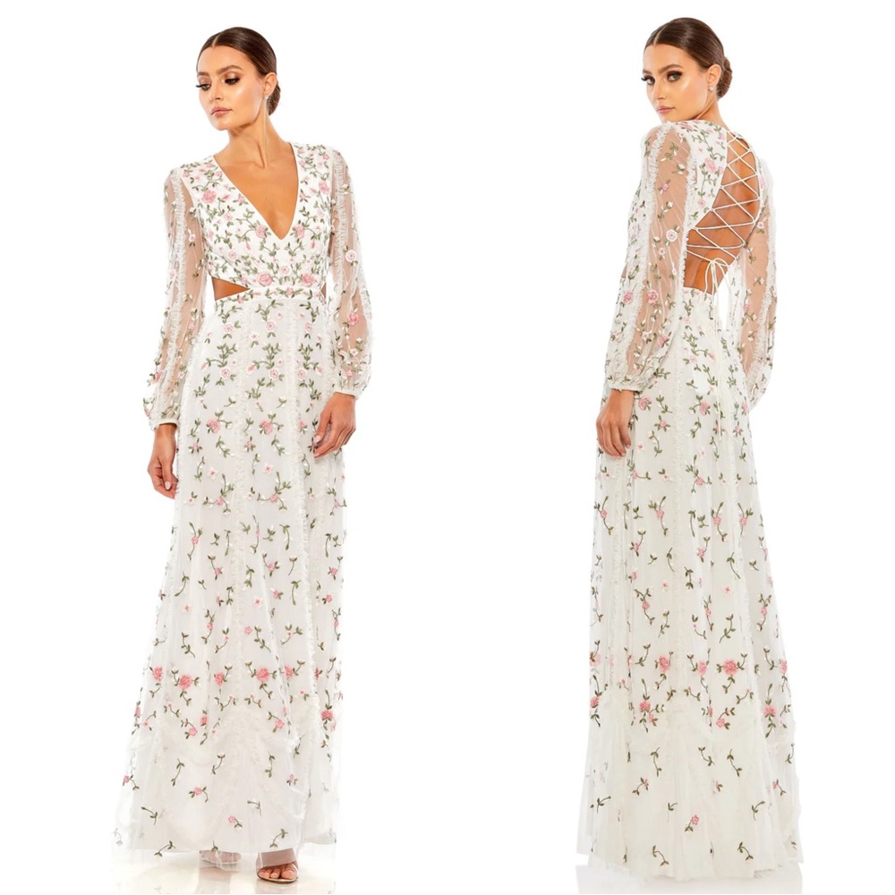 NWT Mac Duggal 70159 Long Sleeve Embellished Cut Out Gown Size 8 Ivory Multi